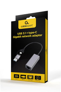 USB LAN Gembird USB 3.1 + type-C Gigabit network adapter, space grey A-USB3AC-LAN-01